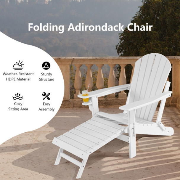 Patio All-Weather Folding Adirondack Chair with Pull-Out Ottoman-White