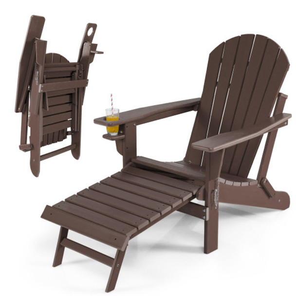 Patio All-Weather Folding Adirondack Chair with Pull-Out Ottoman-Brown