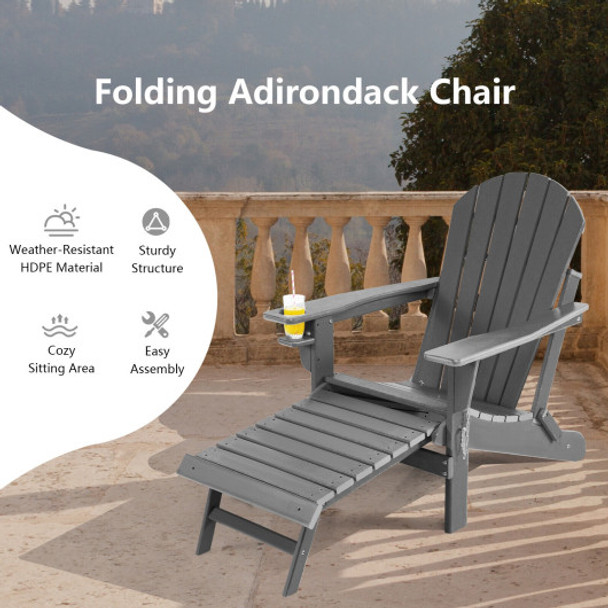 Patio All-Weather Folding Adirondack Chair with Pull-Out Ottoman-Gray