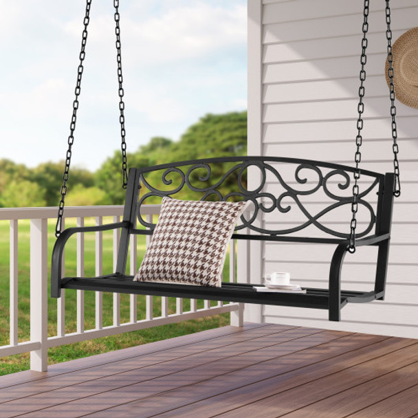 Outdoor 2-Person Metal Porch Swing Chair with Chains-Black