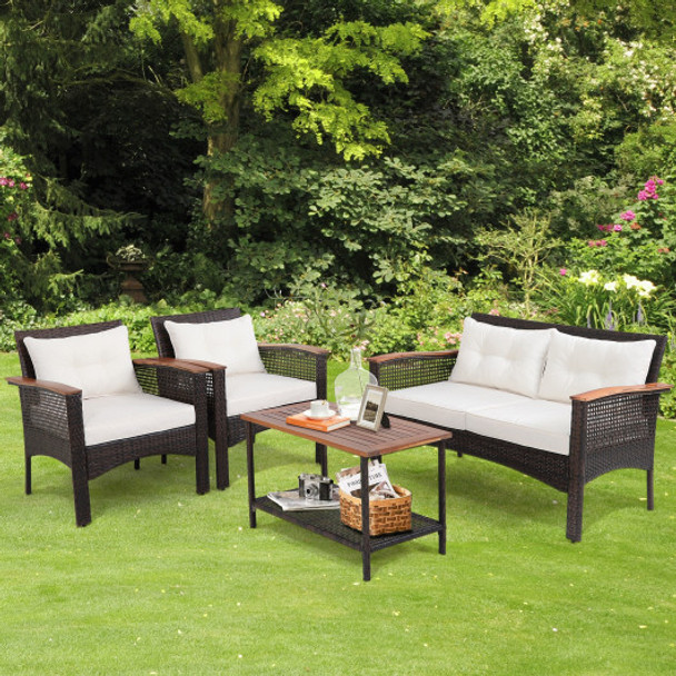 4 Pieces Patio Rattan Acacia Wood Furniture Set with Cushions and Armrest