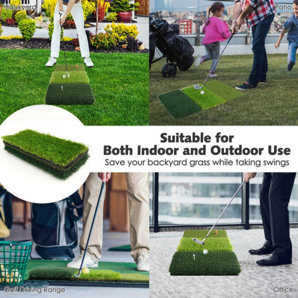 25 x 16 Inch Tri-Turf 3-in-1 Golf Hitting Mat Realistic Synthetic Turf with Tee Holder