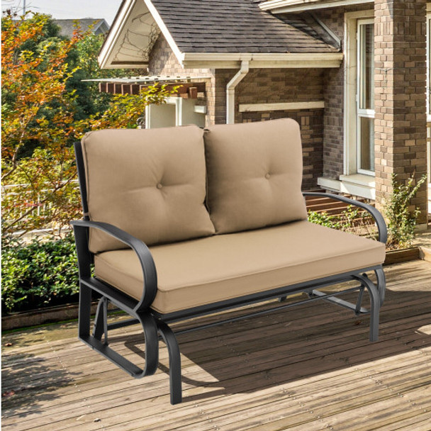 Patio 2-Person Glider Bench Rocking Loveseat Cushioned Armrest-Beige