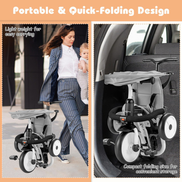 6-in-1 Foldable Baby Tricycle Toddler Stroller with Adjustable Handle-Gray