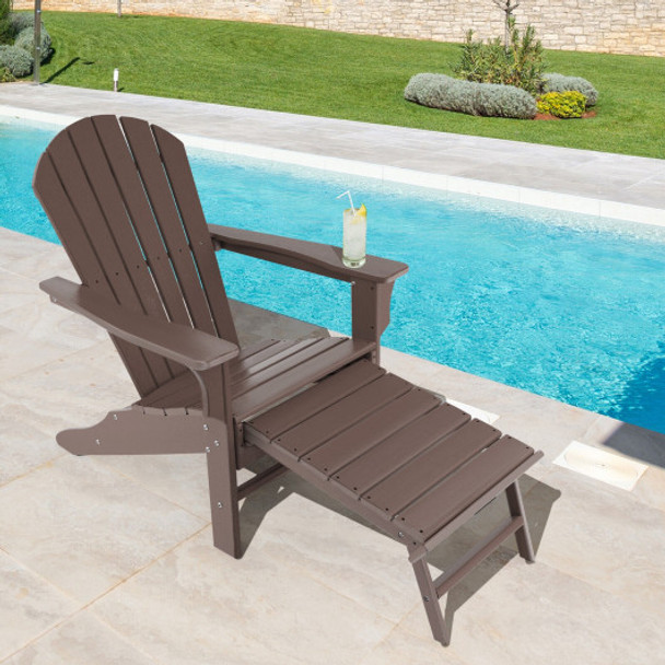 Patio HDPE Adirondack Chair with Retractable Ottoman-Brown