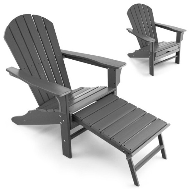 Patio HDPE Adirondack Chair with Retractable Ottoman-Gray