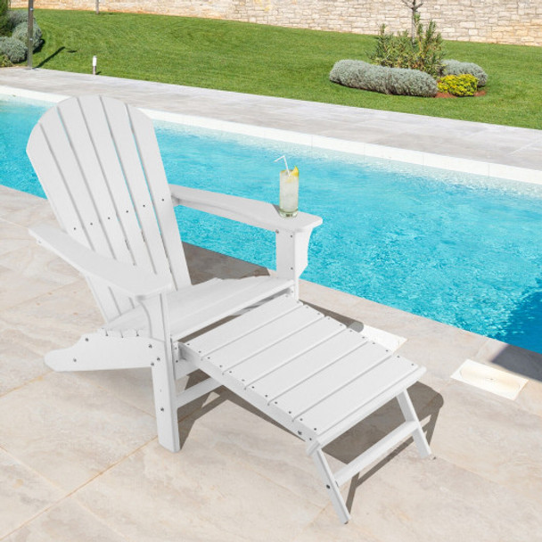 Patio HDPE Adirondack Chair with Retractable Ottoman-White