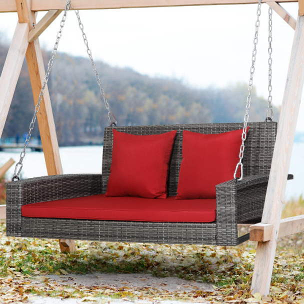 2-Person Patio PE Wicker Hanging Porch Swing Bench Chair Cushion 800 Pounds-Red