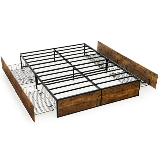 Metal Bed Frame with 4 Drawers-Queen Size