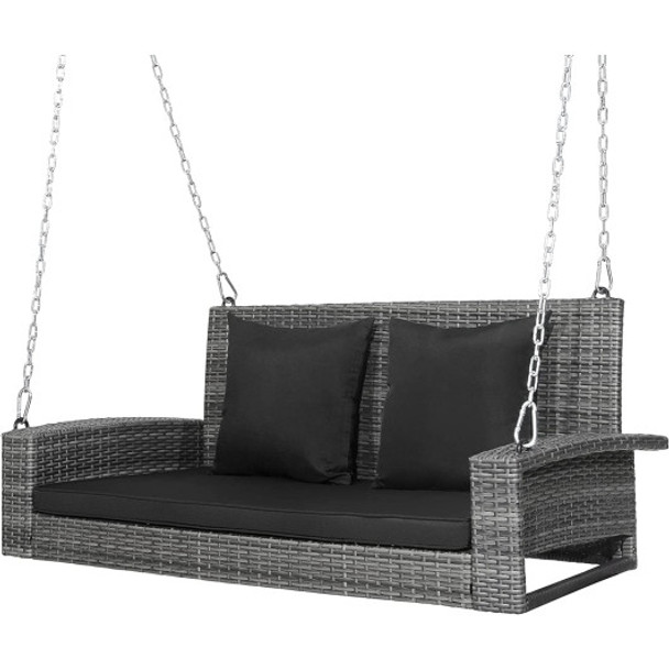 2-Person Patio PE Wicker Hanging Porch Swing Bench Chair Cushion 800 Pounds-Black