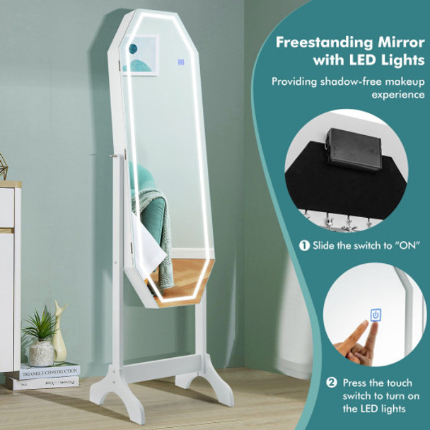 Standing Jewelry Cabinet Armoire Organizer LED Light Mirror Lockable White