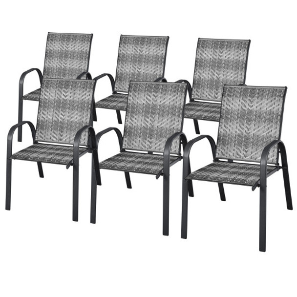 Set of 6 Outdoor PE Wicker Stackable Chairs with Sturdy Steel Frame-Gray