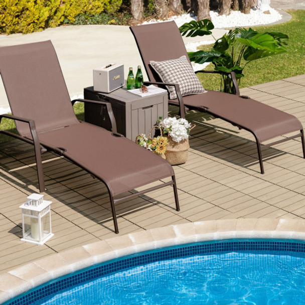 2 Pieces Patio Folding Chaise Lounge Chair Set with Adjustable Back-Brown