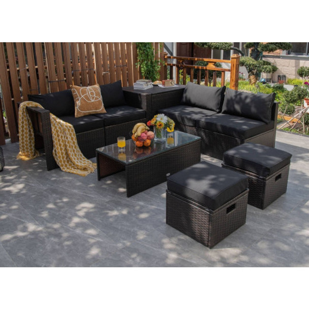 8 Pieces Patio Space-Saving Rattan Furniture Set with Storage Box and Waterproof Cover-Black