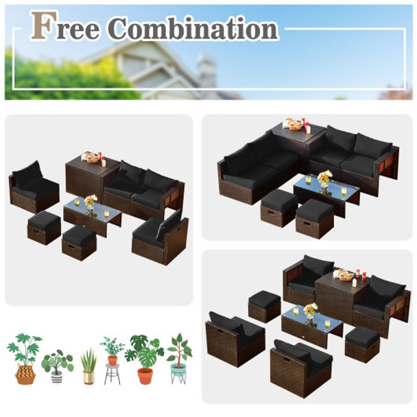 8 Pieces Patio Space-Saving Rattan Furniture Set with Storage Box and Waterproof Cover-Black