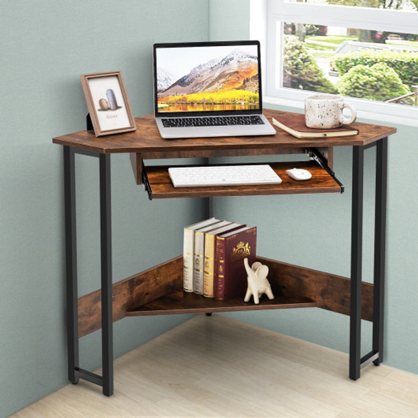 Triangle Corner Computer Desk with Keyboard Tray-Rustic Brown