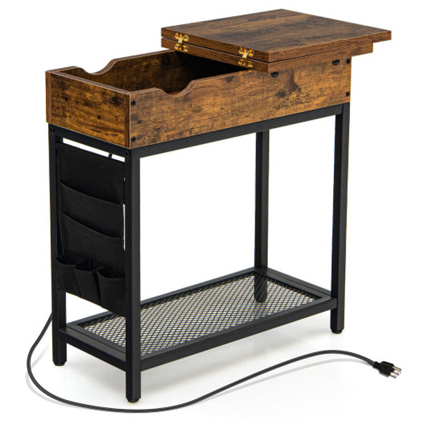 Industrial End Table with Charging Station and Flip Top-Rustic Brown