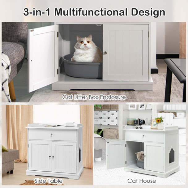Wooden Cat Litter Box Enclosure with Drawer Side Table Furniture-White