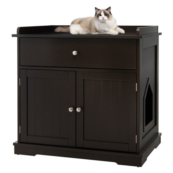 Wooden Cat Litter Box Enclosure with Drawer Side Table Furniture-Brown