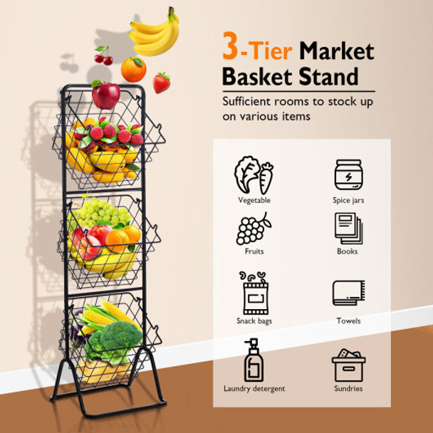 3-Tier Fruit Basket Stand with Adjustable Heights