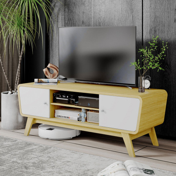 Mid Century TV Stand for TVs up to 55 Inch Media Console Table Sliding Door-Natural