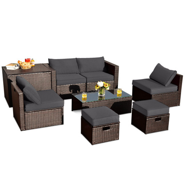 8 Pieces Patio Space-Saving Rattan Furniture Set with Storage Box and Waterproof Cover-Gray