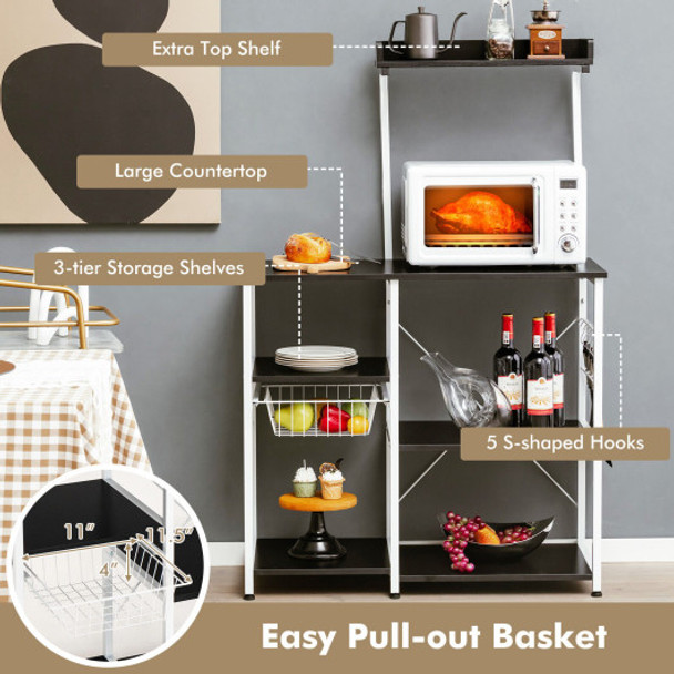 4-tier Kitchen Baker's Rack with Basket and 5 Hooks-Black