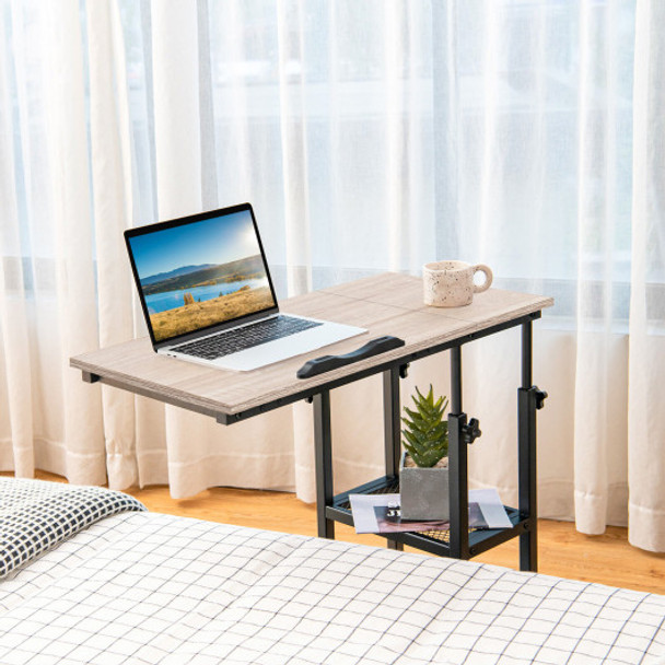 Adjustable C-Shaped Bedside Table with Wheels-Natural