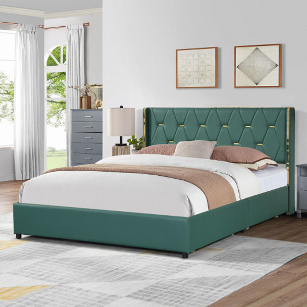 Full/Queen Size Upholstered Bed Frame with 4 Drawers-Green-Full Size