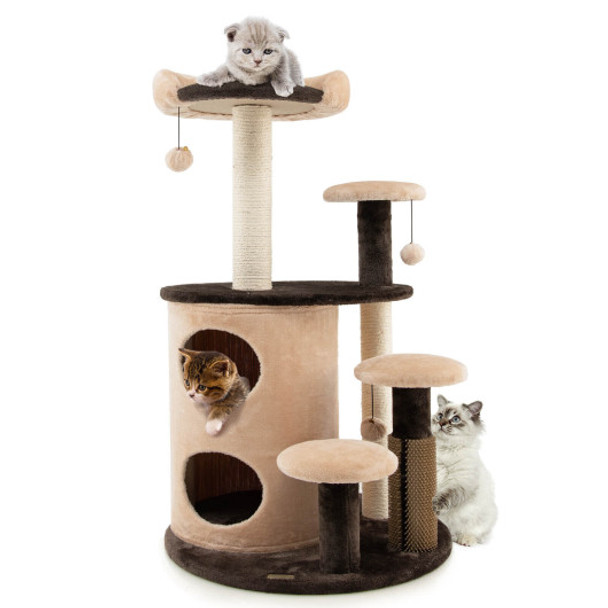 40 Inch Cat Tree Tower Multi-Level Activity Tree with 2-Tier Cat-Hole Condo-Brown