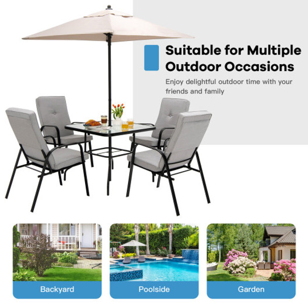 6 Pieces Patio Dining Set with Umbrella and Stackable Cushioned Chairs