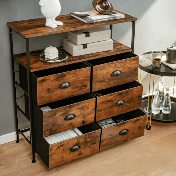 2-Tier Storage Chest with Wooden Top and 6 Fabric Drawers-Rustic Brown