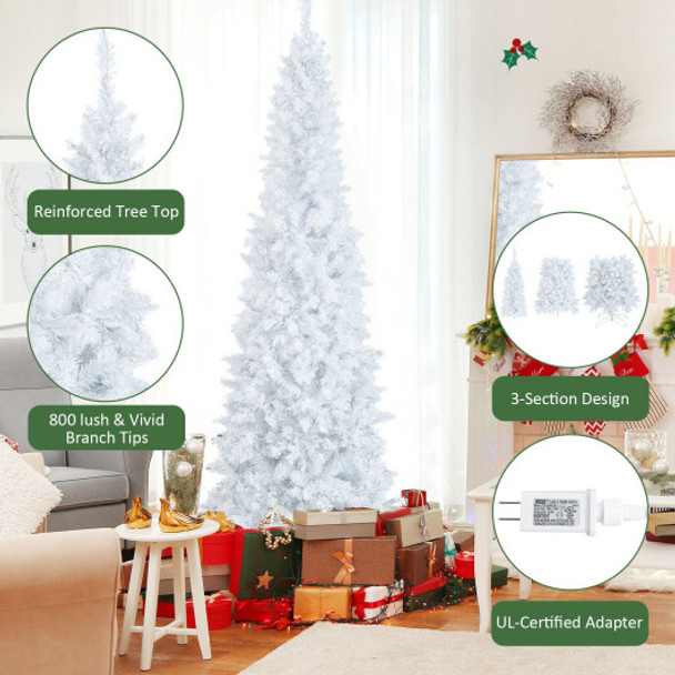 7 Feet Pre-Lit Hinged Pencil Christmas Tree White with 300 LED Lights and 8 Flash Modes