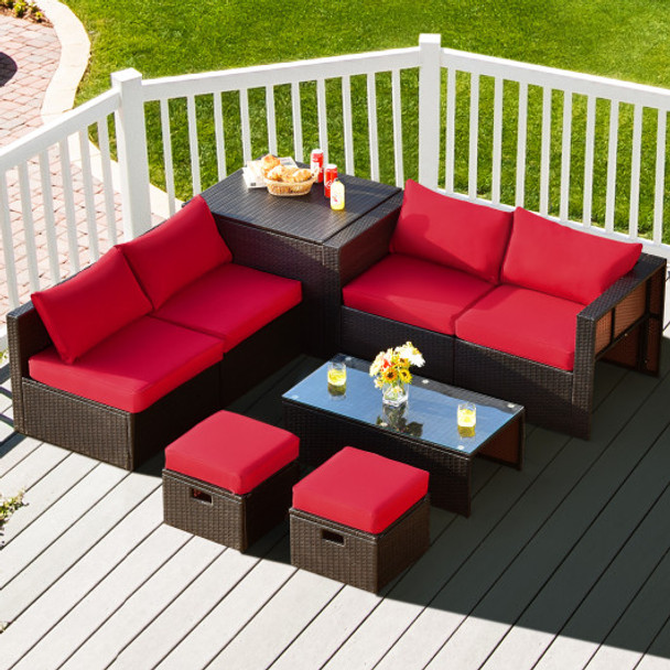 8 Pieces Patio Space-Saving Rattan Furniture Set with Storage Box and Waterproof Cover-Red