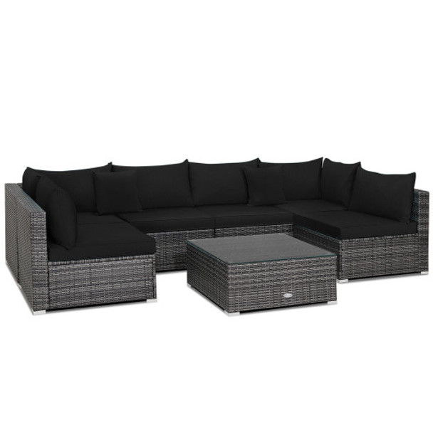 7 Pieces Patio Rattan Furniture Set with Sectional Sofa Cushioned-Black