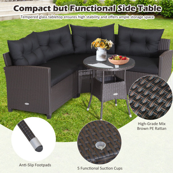 4 Pieces Patio Rattan Furniture Set Cushioned Sofa Glass Table-Black