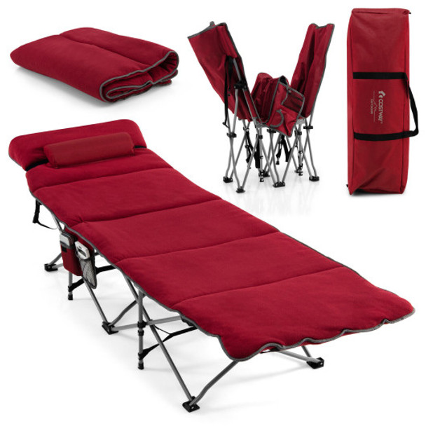 Folding Retractable Travel Camping Cot with Mattress and Carry Bag-Red