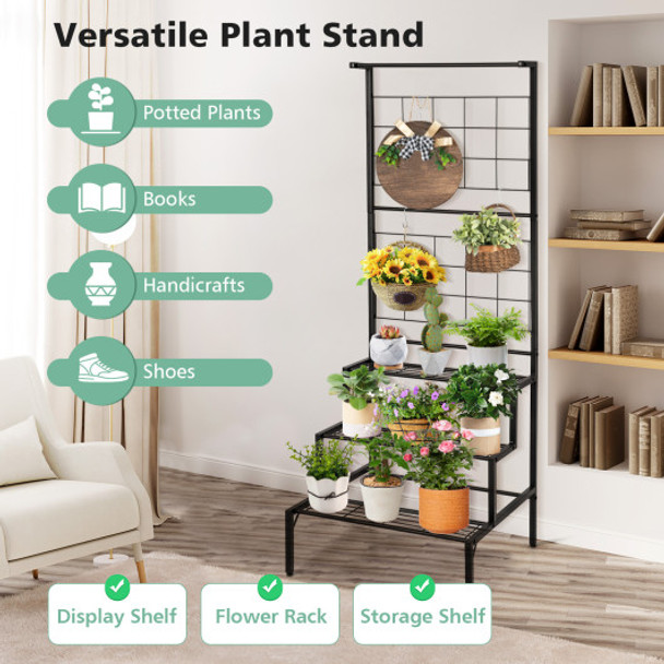 3-Tier Hanging Plant Stand with Grid Panel Display Shelf