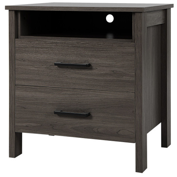 Modern Wood Grain Nightstand with Cable Hole and Open Compartment-Walnut