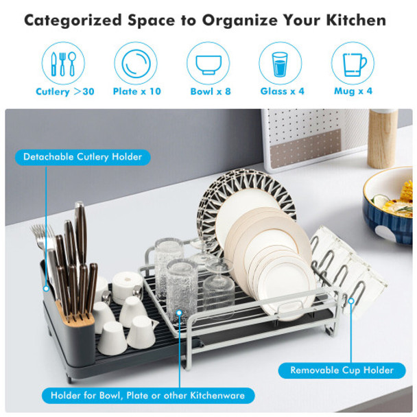 Aluminum Expandable Dish Drying Rack with Drainboard and Rotatable Drainage Spout