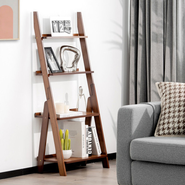 4-Tier Bamboo Ladder Shelf Bookcase for Study Room-Brown