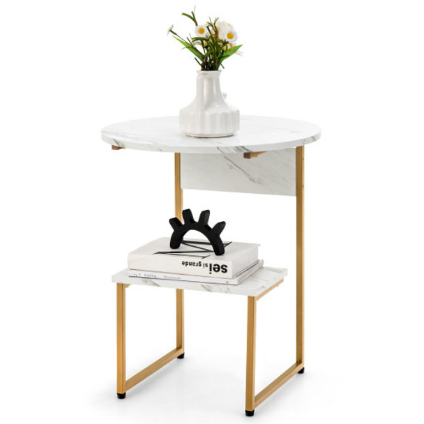 2-Tier Round End Beside Table with Metal Frame-White