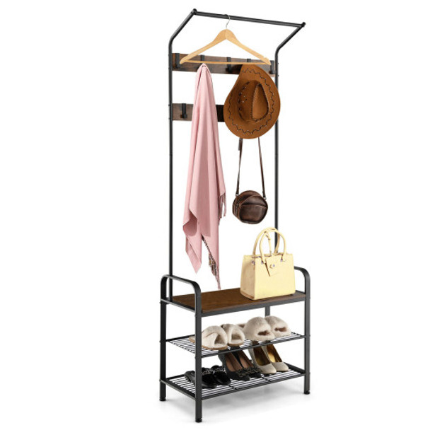 3-in-1 Industrial Hall Tree Coat Rack Shoe Bench with Storage Shelf and 9 Hooks
