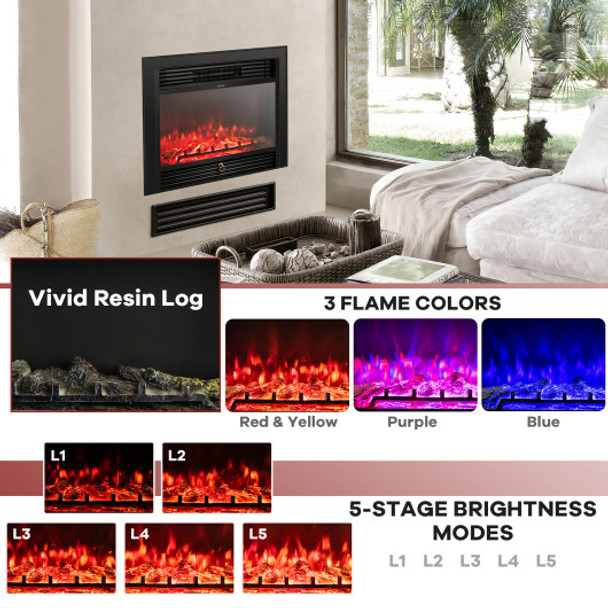28.5 Inch 750W/1500W Electric Fireplace insert with Adjustable Flame Color and Timer