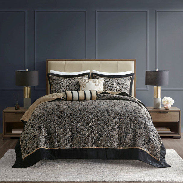  5pc Black & Gold Jacquard Weave Bedspread Set AND Decorative Pillows (Aubrey-Black-bedspread)