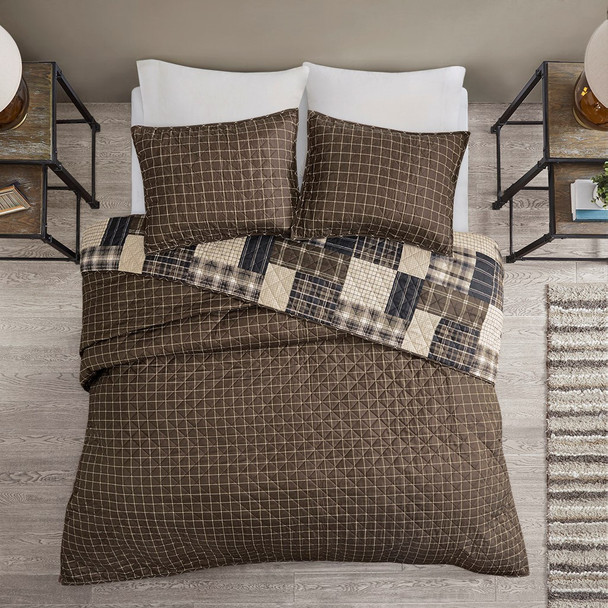 3pc Black/Brown Rustic Patchwork Plaid Coverlet AND Decorative Shams (Timber-Black/Brown-cov)