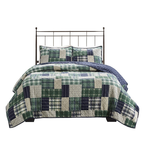 3pc Green & Navy Blue Rustic Patchwork Plaid Coverlet AND Decorative Shams (Timber-Green/Navy-cov)