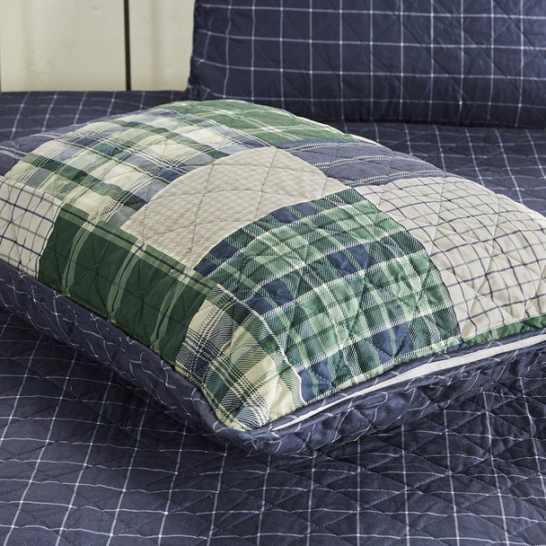 3pc Green & Navy Blue Rustic Patchwork Plaid Coverlet AND Decorative Shams (Timber-Green/Navy-cov)