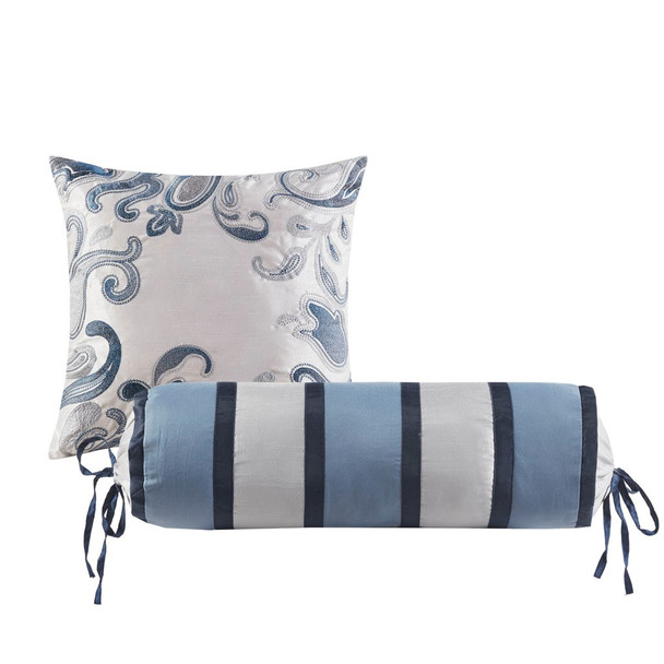 5pc Navy Blue & Silver Jacquard Weave Bedspread Set AND Decorative Pillows (Aubrey-Navy-bedspread)