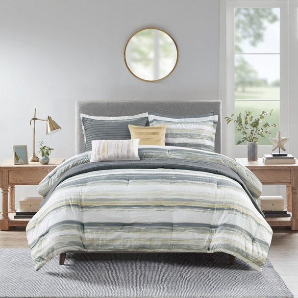 8pc Coastal Yellow & Grey Stripes Comforter/Coverlet Set AND Decorative Pillows 